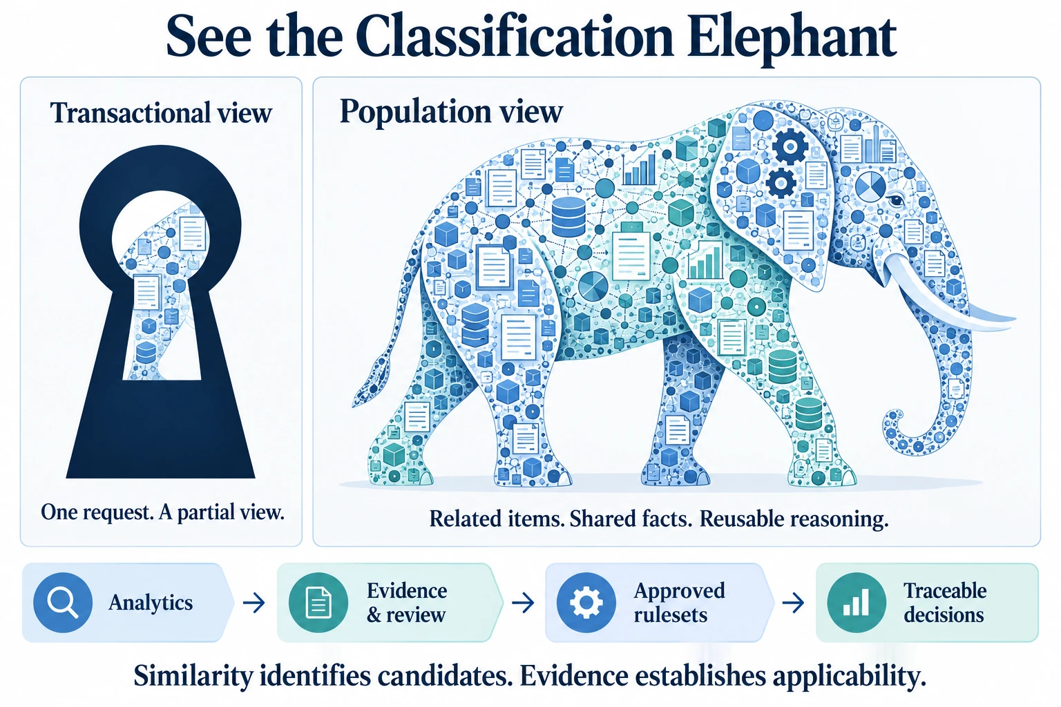 A transactional keyhole reveals part of an elephant, while population analytics reveal related items and shared facts. Evidence and review lead to approved rulesets and traceable classification decisions.